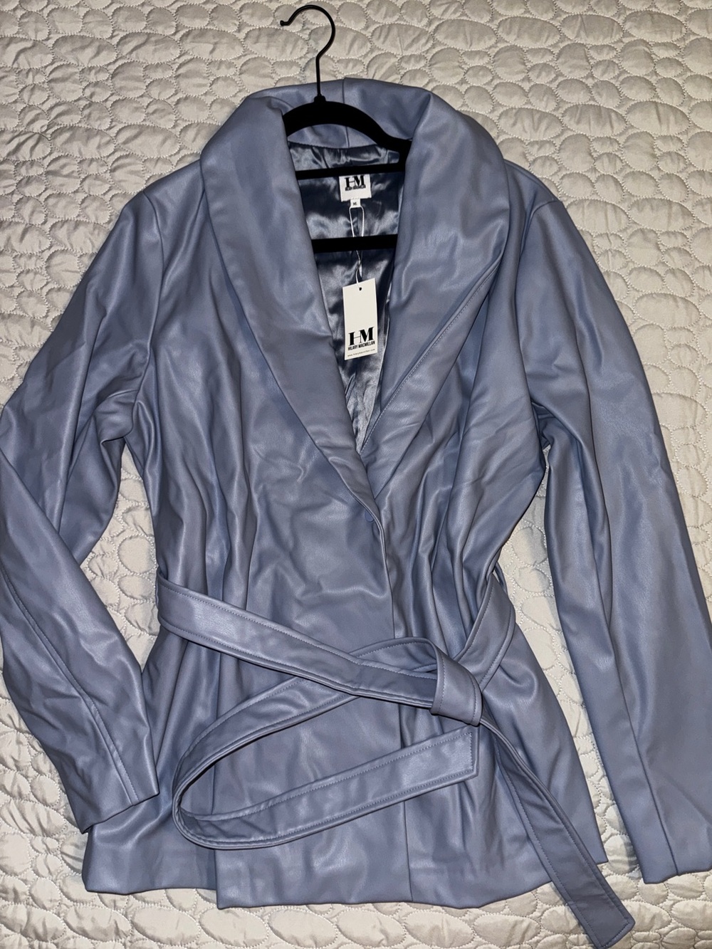 Hilary MacMillan Faux Leather Shawl Collar Belted Jacket in Slate Blue